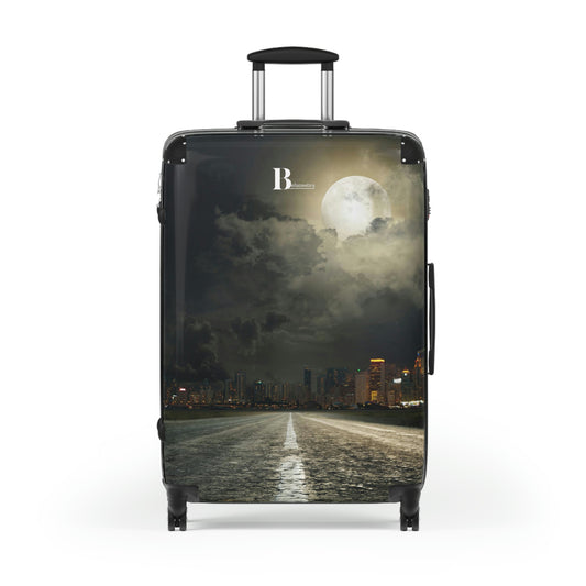 Customized hard-shell suitcases with empty street and moon design