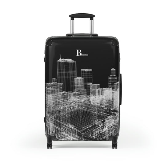 Customized hard-shell suitcases with high-rise design on black background