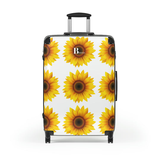 Customized hard-shell suitcases with repeated all-over sunflower design