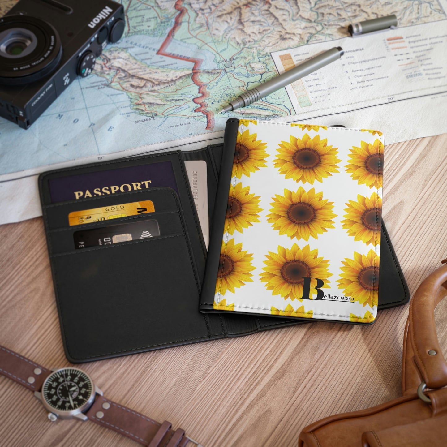 BELLAZEEBRA Passport Cover with repeating sunflowers design