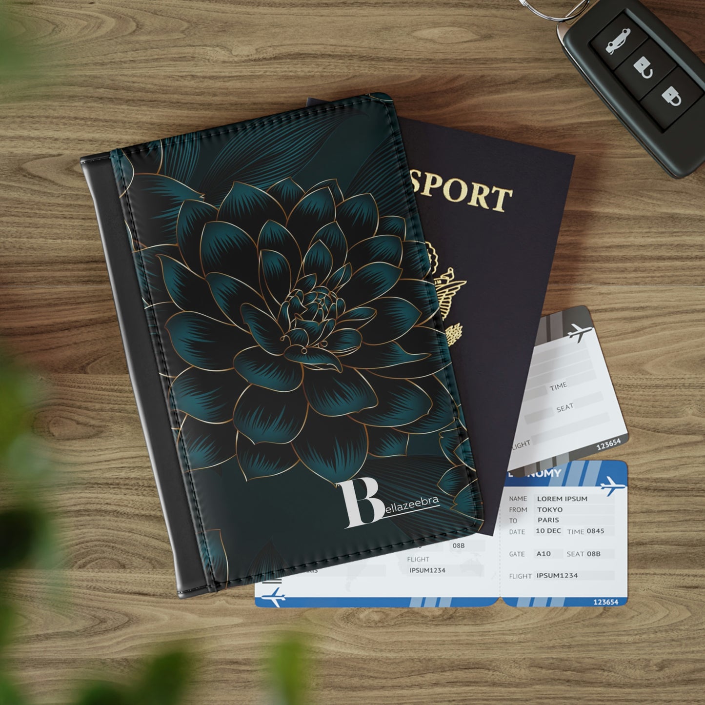 BELLAZEEBRA Passport Cover with dark blue flower and dark background